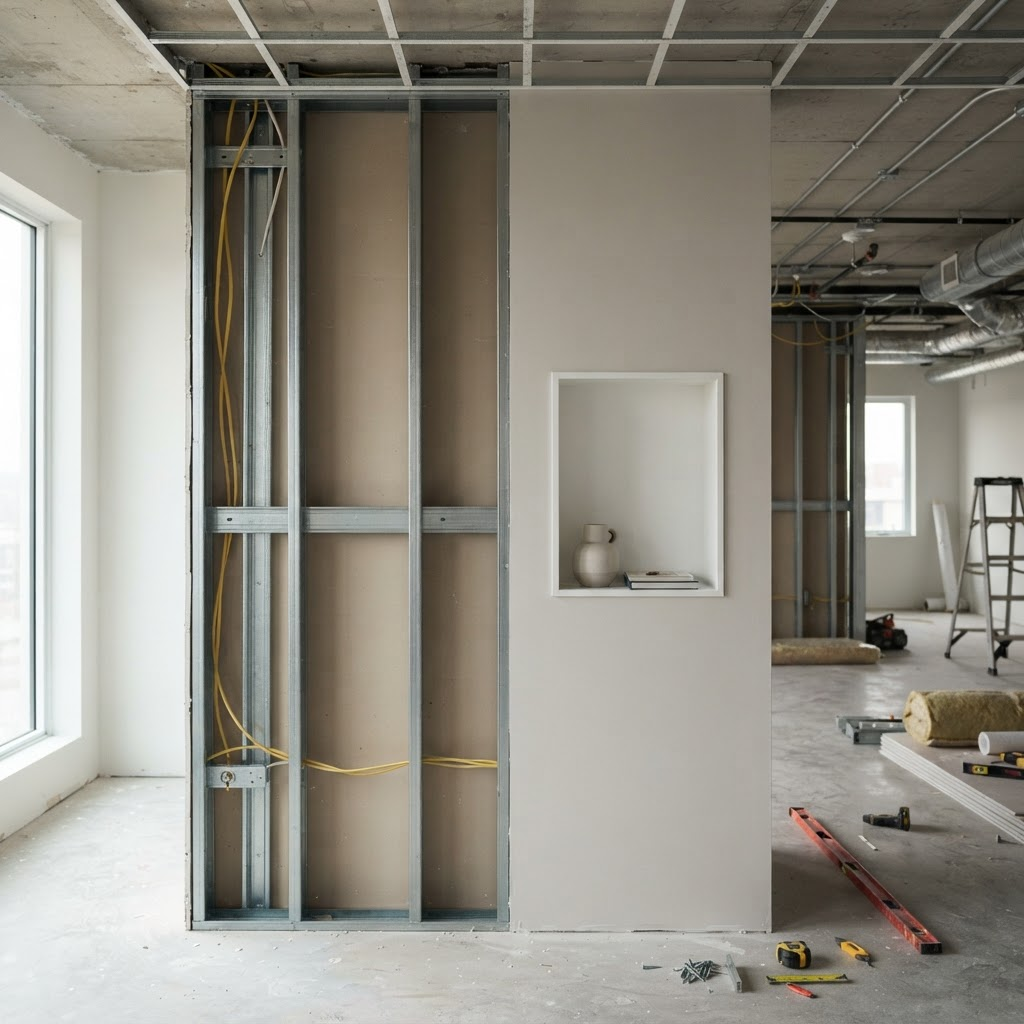 Parede de drywall com estrutura metálica e nicho embutido