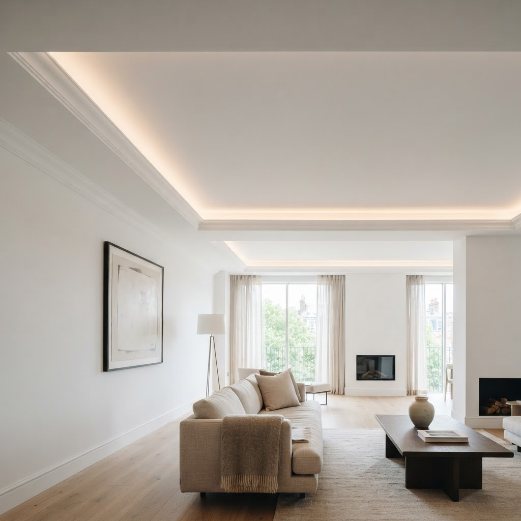 Sanca de gesso com iluminação embutida em sala moderna