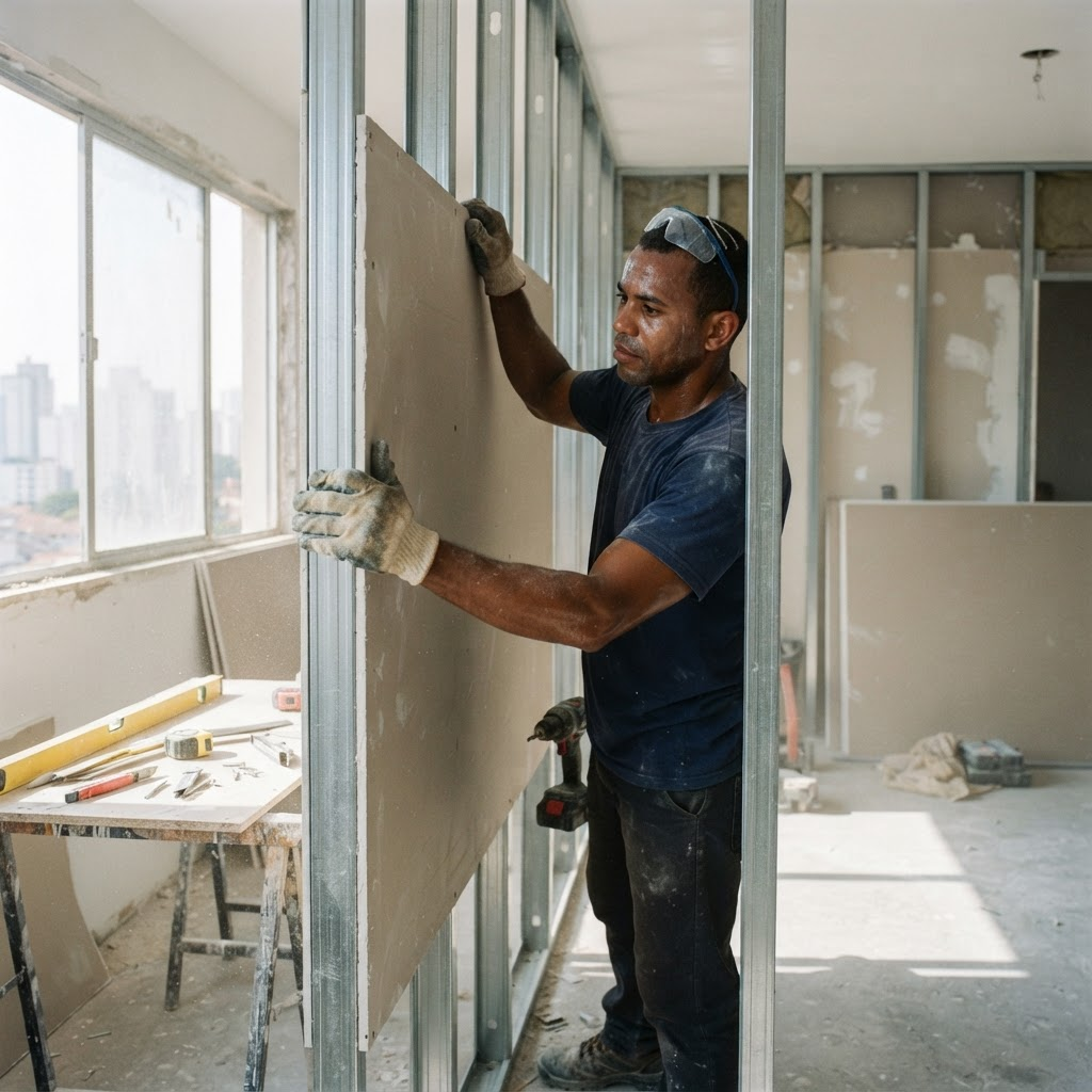 Profissional instalando placa de drywall em estrutura metálica